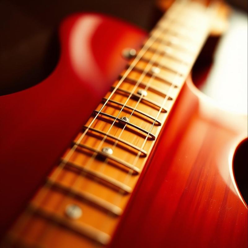 closeup of a red electric guitar strings and fret.