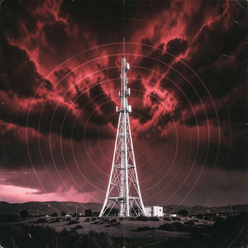 A white radio tower rising into a stormy dark red sky