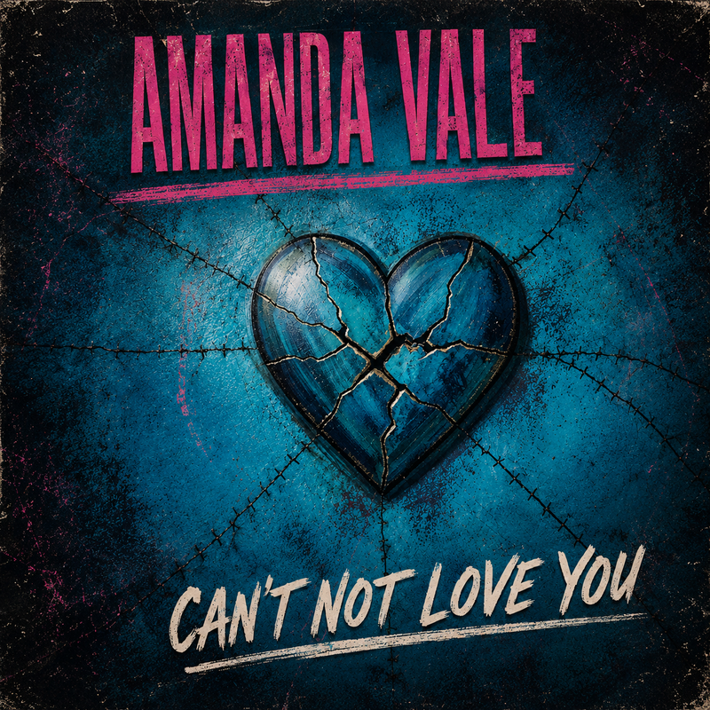An illustration of a turquoise heart, on a T textured turquoise background with cracks and barbed wire textures. The heart itself is also cracked and has cracked and wire textures on it. The background has a soft radial gradient with black around the edges. It is designed to look likea CD cover.