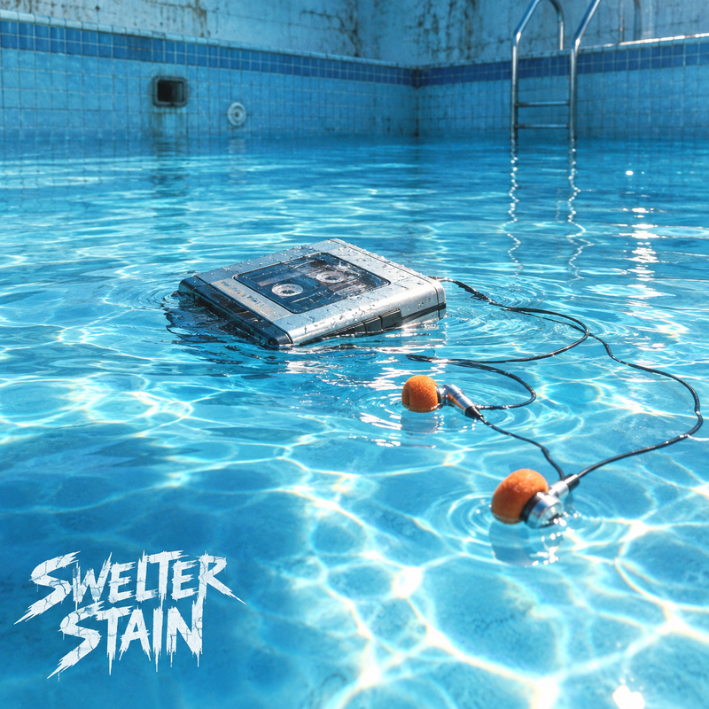 an old walkman and orange earbuds flopating in a high school swimming pool